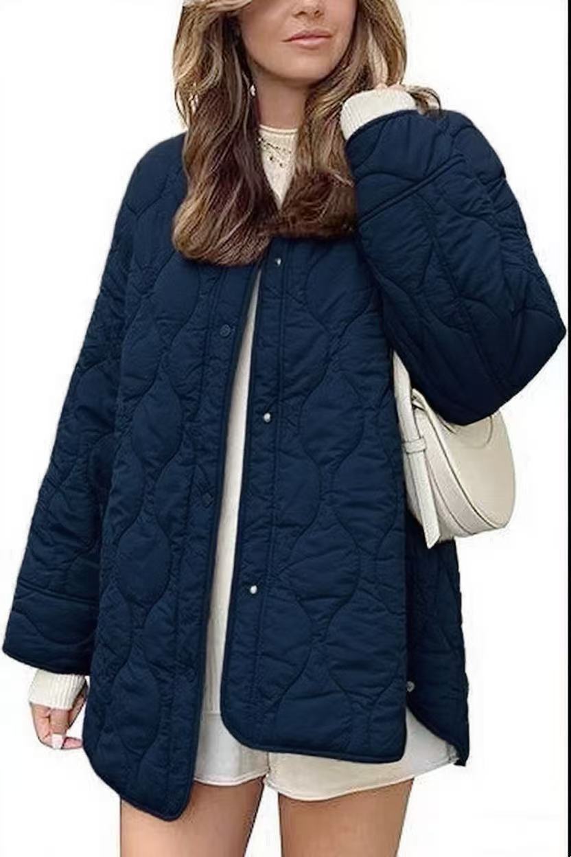 Damen gesteppte Oversize-Steppjacke mit Druckknopfleiste und gerundetem Saum Drune