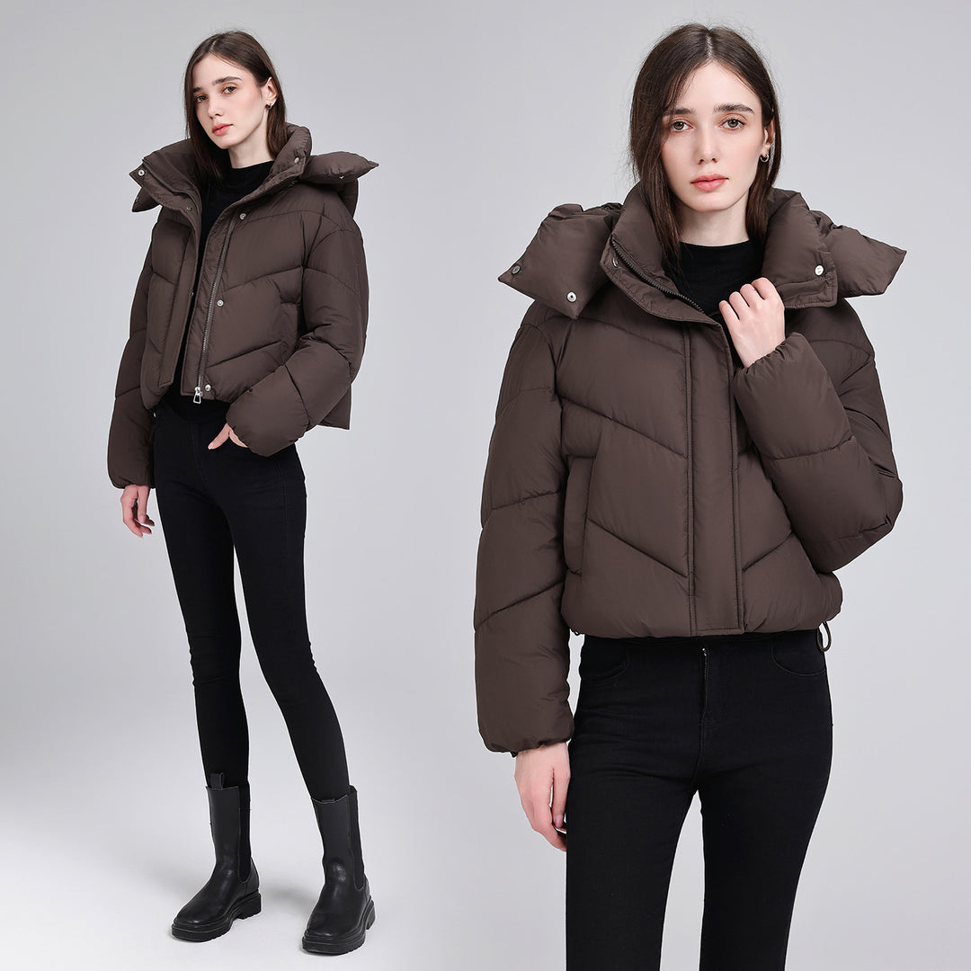 Damen Kurze Pufferjacke mit voluminösem Stehkragen und abnehmbarer Kragenkapuze Drune