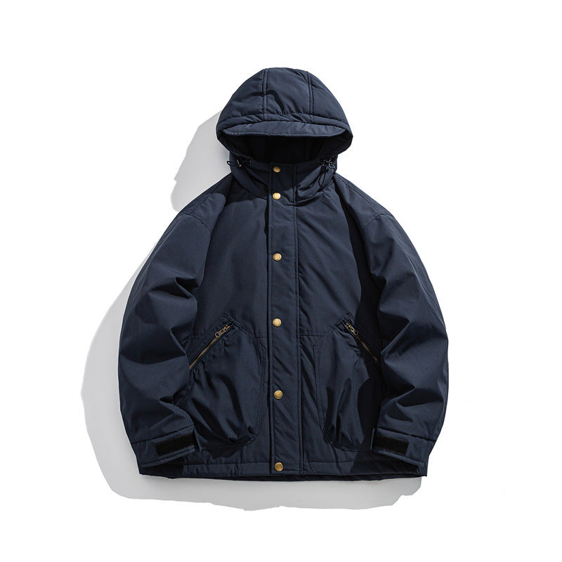 Herren Kurz geschnittener wetterfester Hybrid-Parka mit Kapuze, Druckknopfblende und schrägen Reißverschlusstaschen Drune