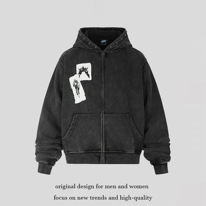Herren Kapuzen‑Sweatjacke mit Vintage‑Waschung, oversized Cut, Patch‑Print und Nietenbesatz Drune