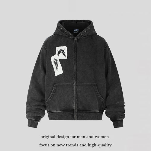 Herren Kapuzen‑Sweatjacke mit Vintage‑Waschung, oversized Cut, Patch‑Print und Nietenbesatz Drune