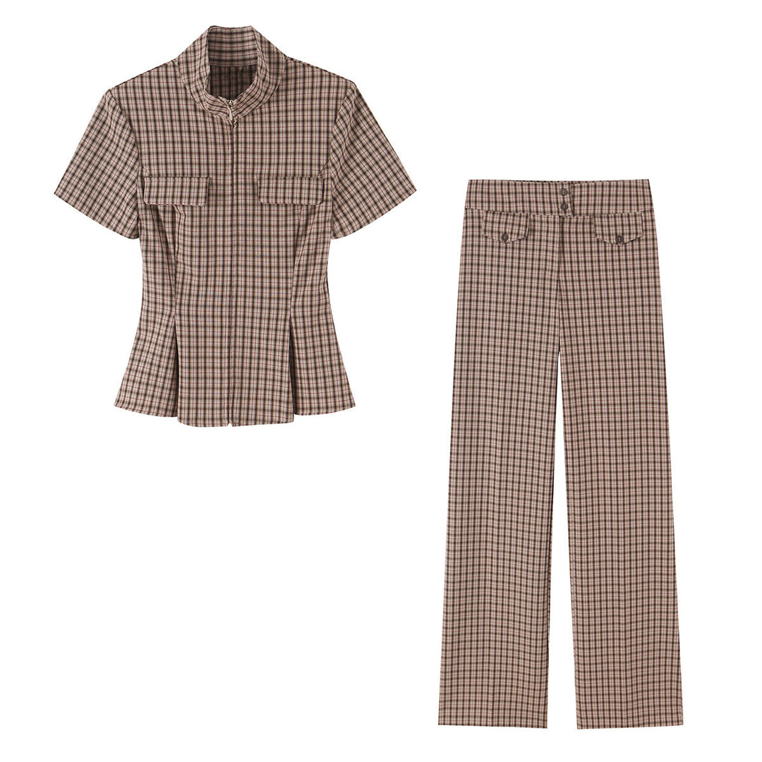 Damen Hochtaillierte weite Stoffhose mit Karo-Muster und Zierklappen Drune