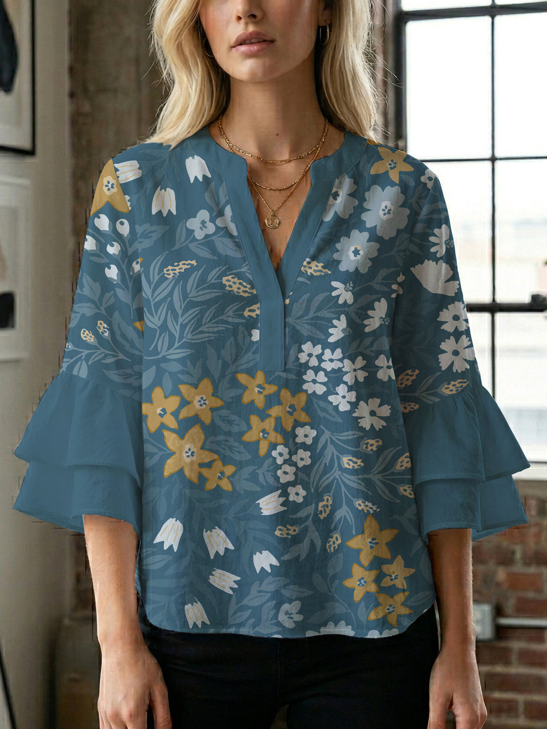 Damen Bluse mit voluminösen Ärmeln und floralem Design Drune
