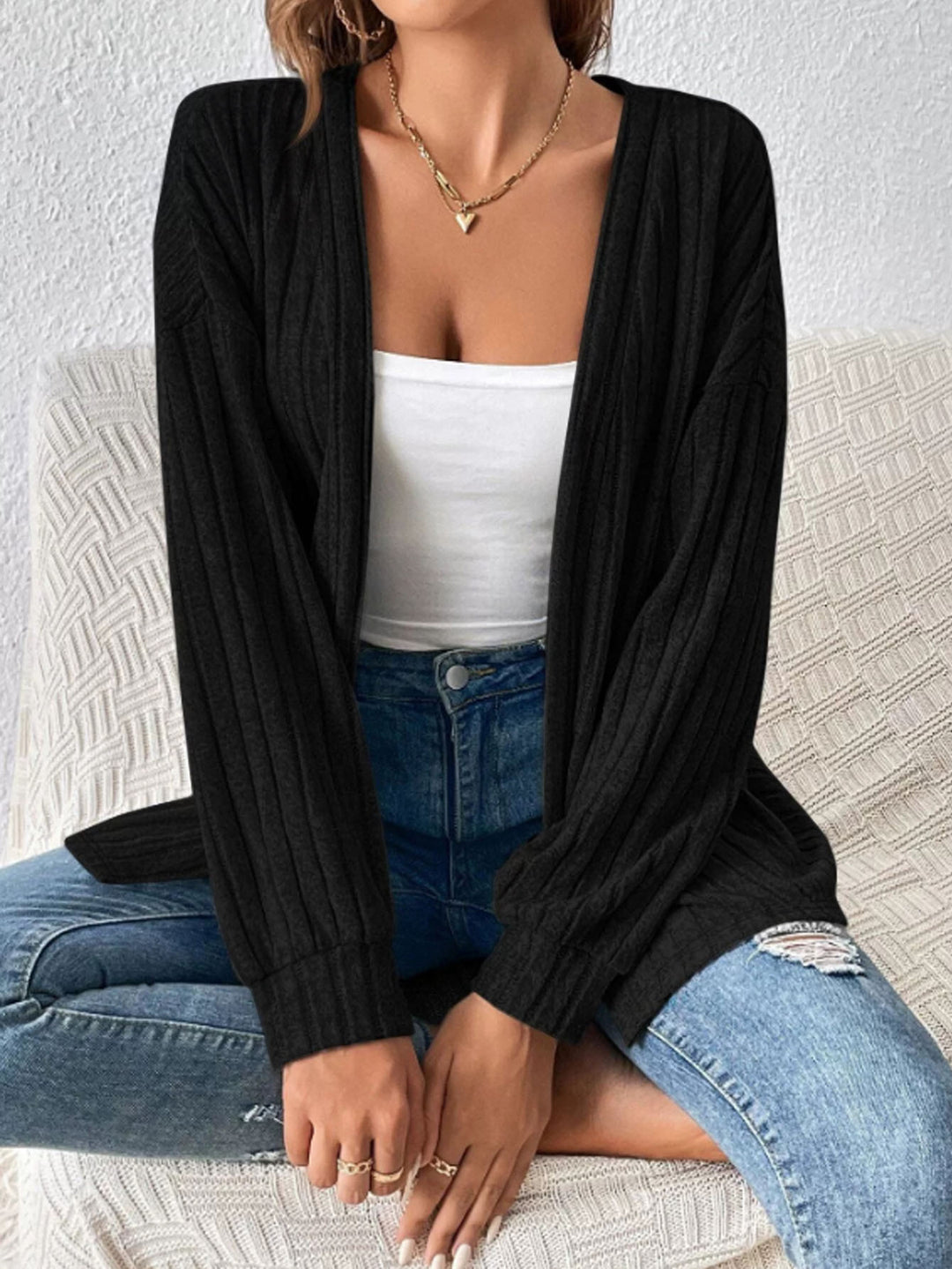 Damen Offener Gerippter Longcardigan aus feinem Strick mit Oversize-Ärmeln Drune