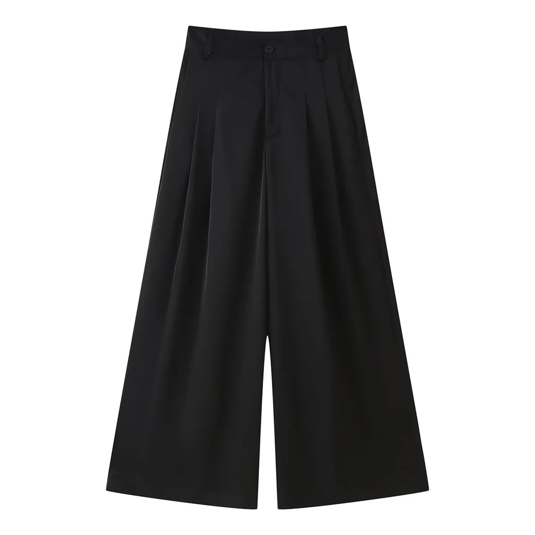 Damen nan weite Highwaist Culotte-Hose mit Bundfalten, Gürtelschlaufen und Knopfverschluss Drune