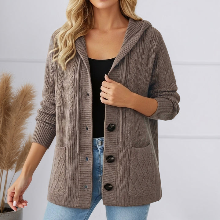 Damen nan gerippter Kapuzen-Strickcardigan mit Zopfmuster, großen Holzknöpfen und aufgesetzten Taschen Drune