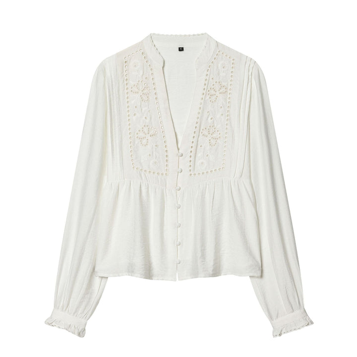 Damen nan leichte bestickte Baumwollbluse im Boho‑Stil mit Stehkragen, Zierknopfleiste und geraffter Empire‑Taille Drune