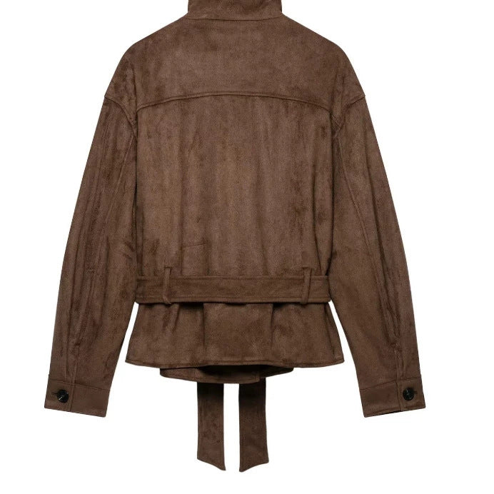 Damen Kurzjacke aus Veloursimitat mit Stehkragen und Taillengürtel Drune