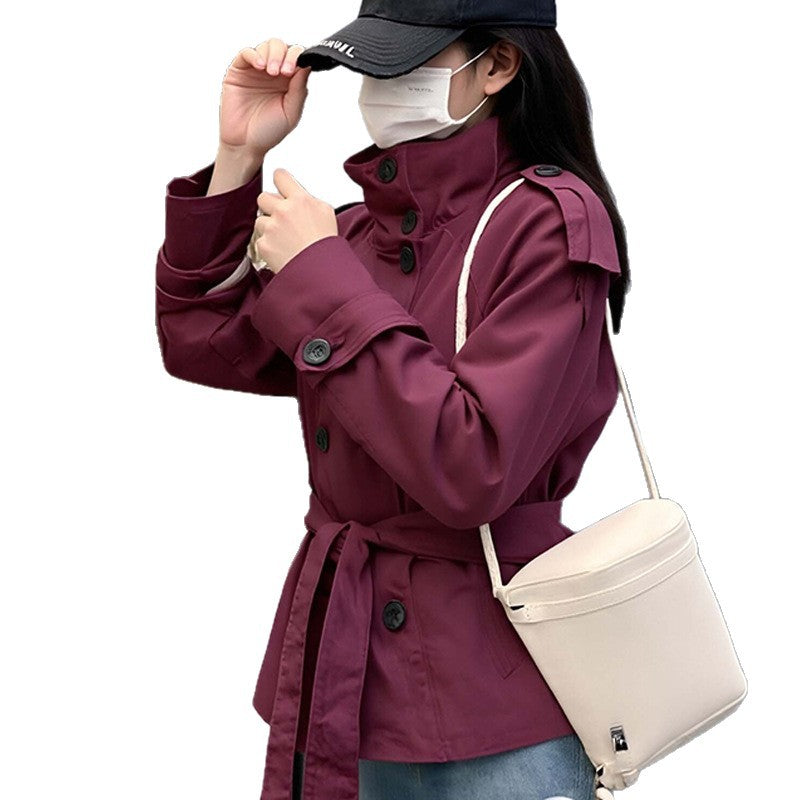 Damen Modische Langjacke mit hohem Kragen und taillierbarem Gürtel Drune