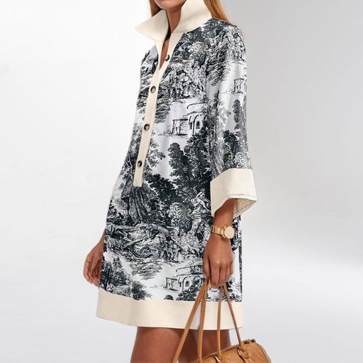 Damen modisches Hemdblusenkleid mit Tuchdruck und eleganten Knopfdetails Drune