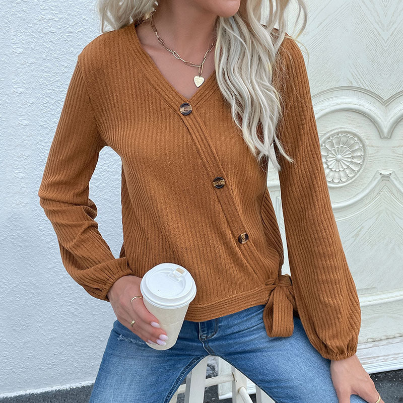Damen Gerippte Wickel-Strickjacke mit V-Ausschnitt und seitlichem Knotendetail Drune