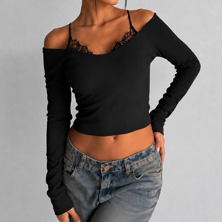 Damen Schulterfreies Langarm-Cami mit zarter Spitzen-Innenschicht und verstellbaren Spaghettiträgern Drune