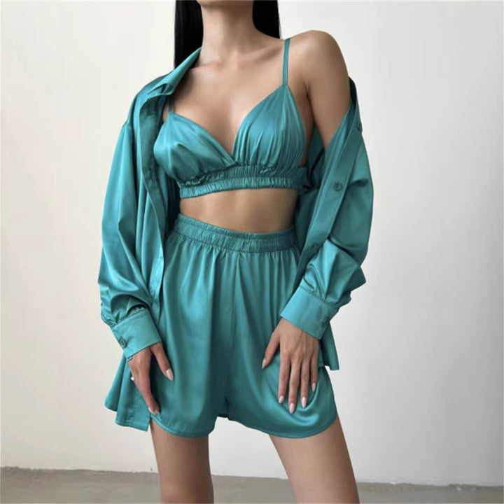 Damen modisches Set aus glattem Blusenoberteil und kurzer Hose Drune