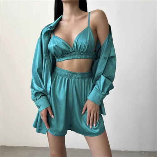Damen modisches Set aus glattem Blusenoberteil und kurzer Hose Drune