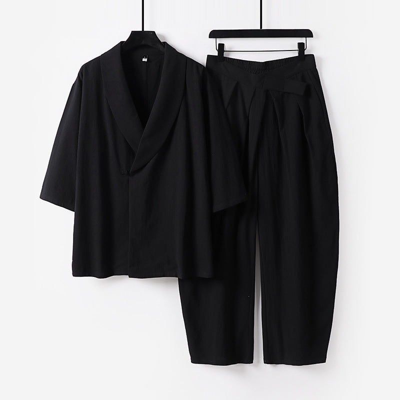 Damen Zweiteiliges Kimono-Loungewear-Set mit Schalkragen Kurzarm-Oberteil und hochtaillierter Plissee-Hose Drune