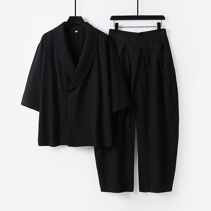 Damen Zweiteiliges Kimono-Loungewear-Set mit Schalkragen Kurzarm-Oberteil und hochtaillierter Plissee-Hose Drune