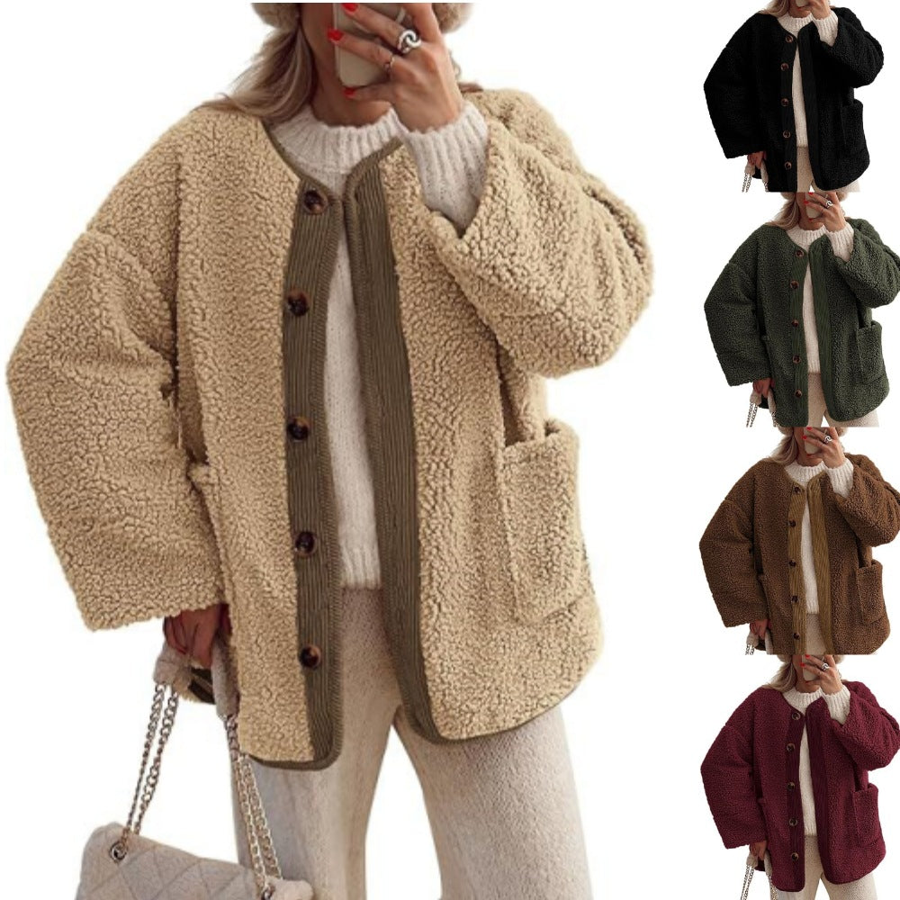Damen Kuschelige Teddyjacke mit Knopfverschluss und aufgesetzten Taschen Drune