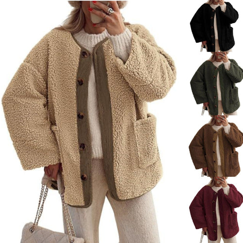Damen Kuschelige Teddyjacke mit Knopfverschluss und aufgesetzten Taschen Drune