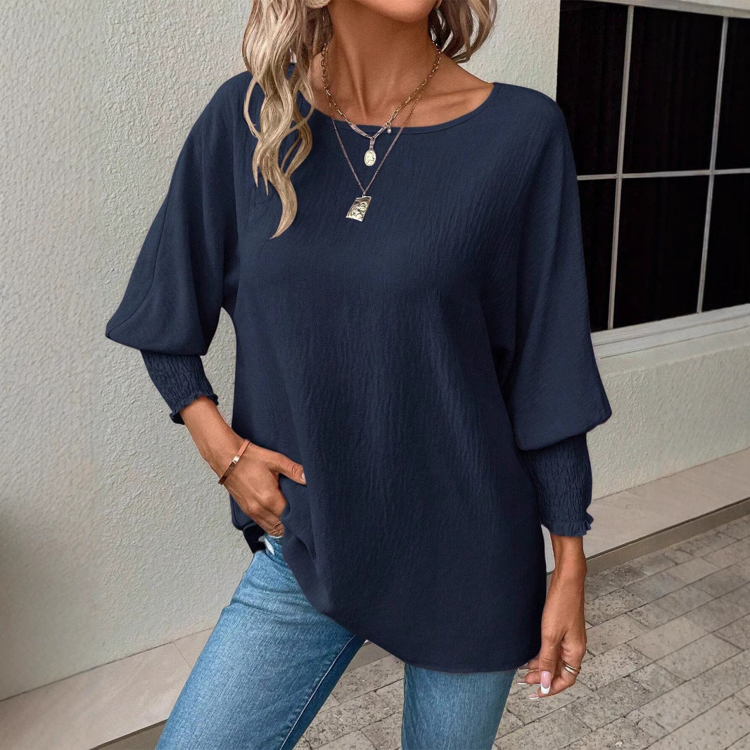 Damen Bluse mit strukturiertem Crinkle, Rundhalsausschnitt und Smokärmeln Drune