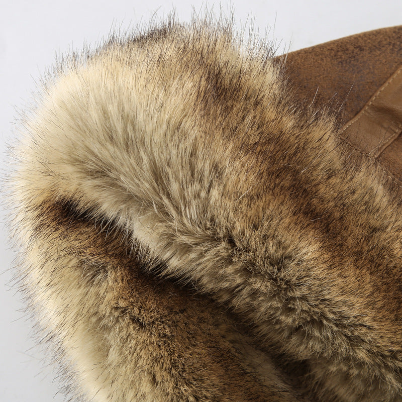Herren Vintage Lammfell Fliegerjacke mit Kapuze und Teddyfutter Drune