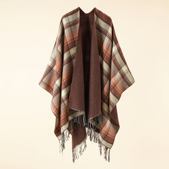 Damen Kastiger Plaid-Ruana aus leichtem Wollmix mit dekorativem Fransensaum Drune