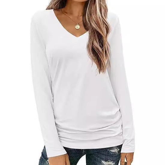 Damen Figurbetontes V‑Ausschnitt Langarmshirt aus Stretch‑Jersey mit leicht gerafftem Saum Drune