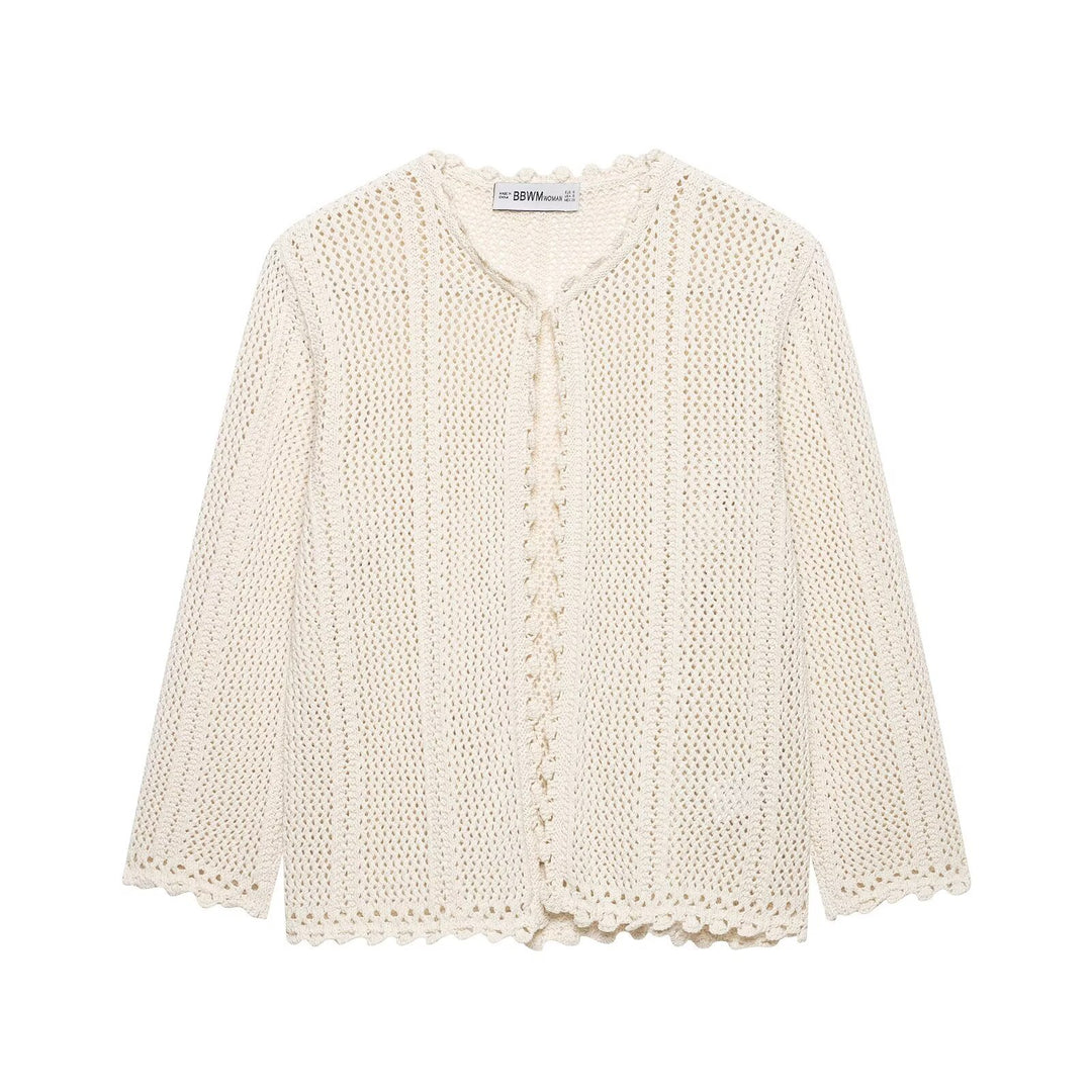 Damen Lockerer Häkelstrick-Cardigan mit feinem Lochmuster und Scallop-Saum Drune