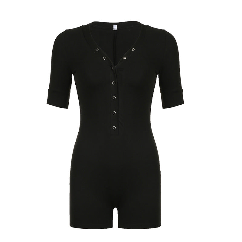 Damen Figurenbetonter Jumpsuit mit modischem V-Ausschnitt und praktischen Knopfdetails Drune