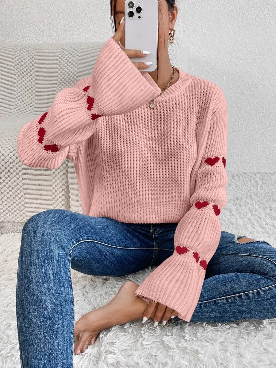 Damen lässiger Strickpullover mit Herzmuster und weitem Arm Drune