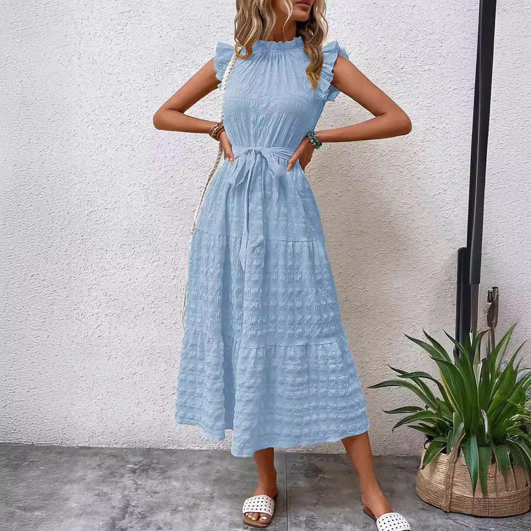 Damen Midi-Kleid mit Rüschenärmeln und Taillengürtel Drune