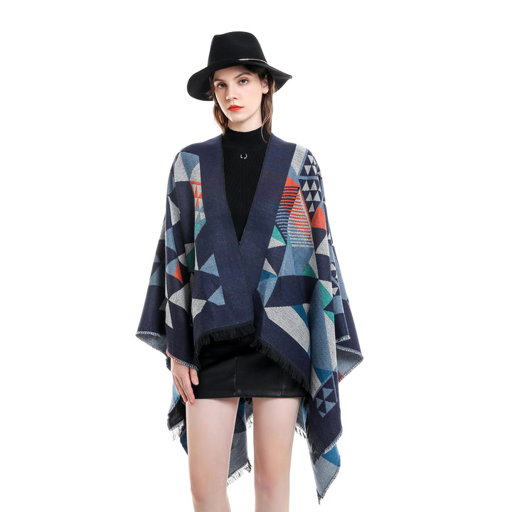Damen Oversize-Ruana im Jacquard-Wickelstil mit dreieckigem Muster und Fransensaum Drune
