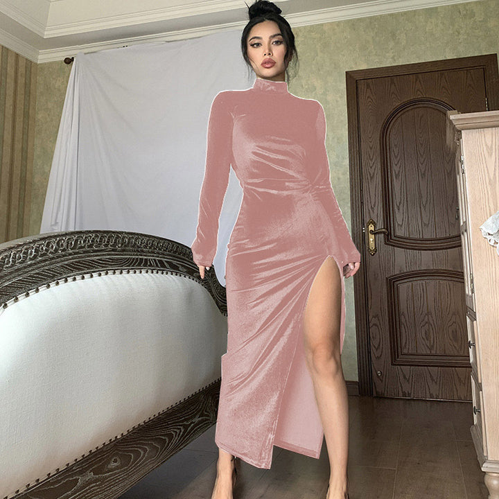 Damen Elegantes Samt-Maxi-Kleid mit hohem Schlitz und Stehkragen Drune
