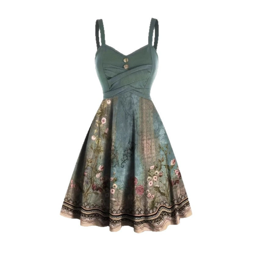 Damen A-Linien Kleid mit floralem Design und Zierknöpfen Drune
