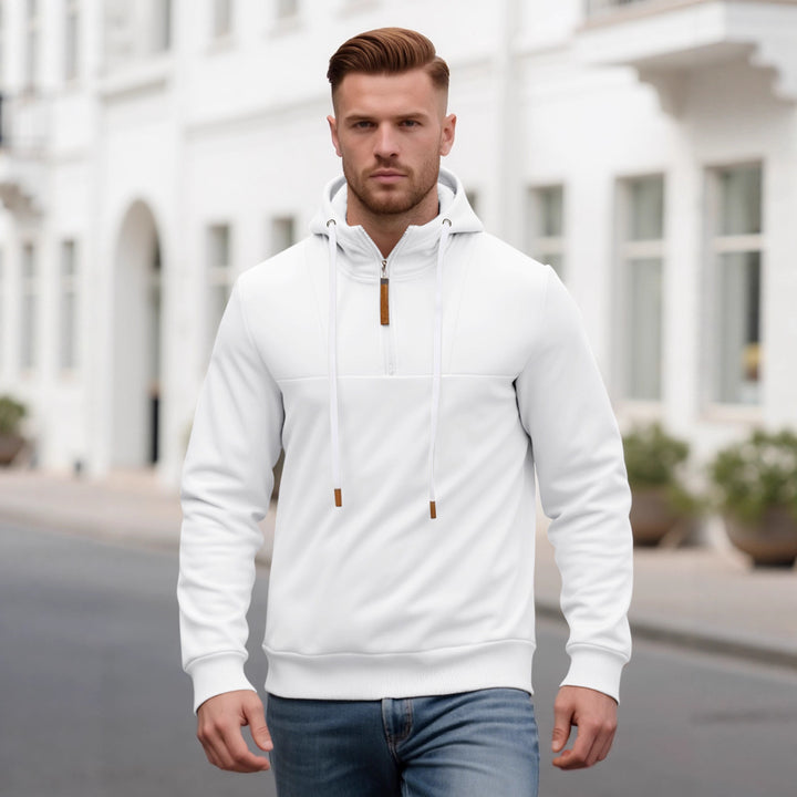 Herren Halbzip-Kapuzenpullover mit Stehkragen, Kordelzug und Lederdetails Drune
