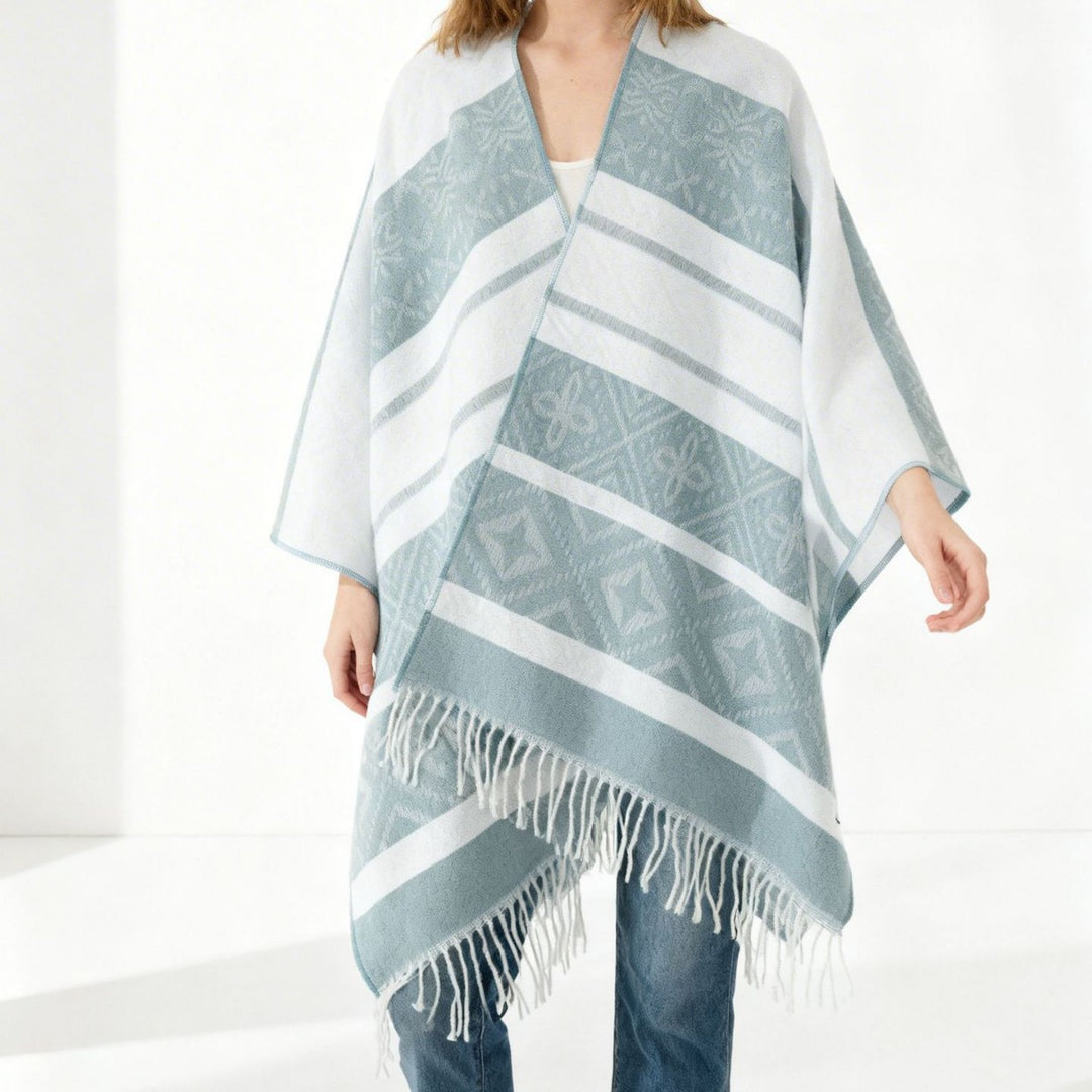 Damen Oversize-Cape mit eingewebtem Diamant-Jacquard, V‑Ausschnitt und Fransensaum Drune