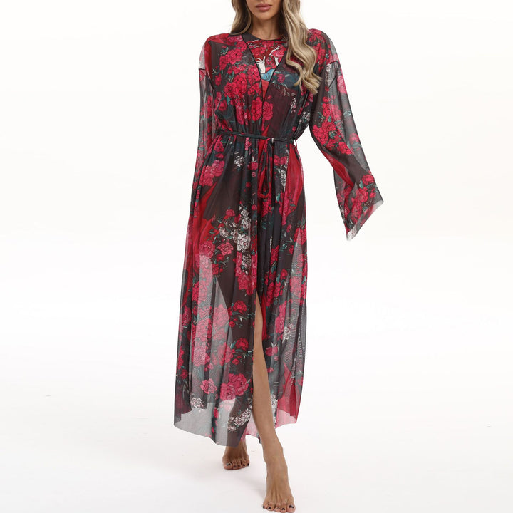 Damen Transparenter Strandkimono mit floralen Mustern Drune