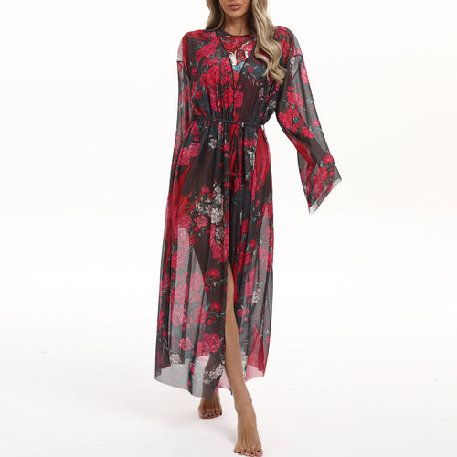 Damen Transparenter Strandkimono mit floralen Mustern Drune