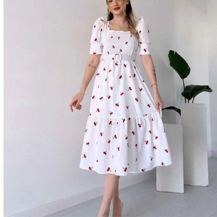 Drune | Bedrucktes, taillenbetontes U-Ausschnitt Elegantes Kleid