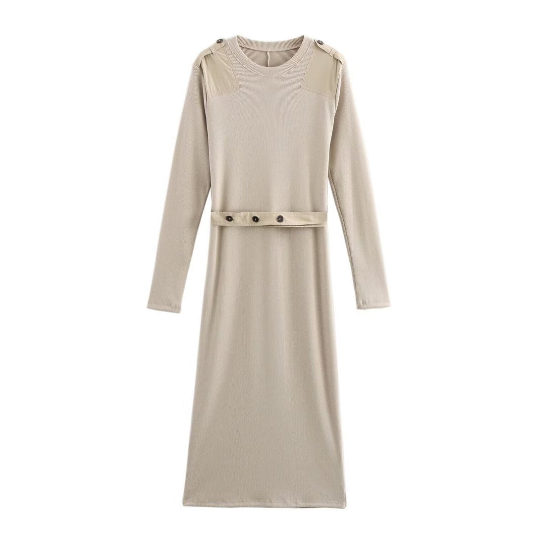 Damen Langarm-Kleid mit dekorativem Gürtel und Schulterdetails Drune