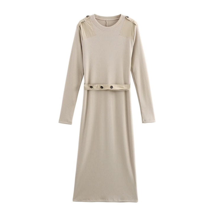 Damen Langarm-Kleid mit dekorativem Gürtel und Schulterdetails Drune