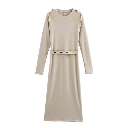 Damen Langarm-Kleid mit dekorativem Gürtel und Schulterdetails Drune
