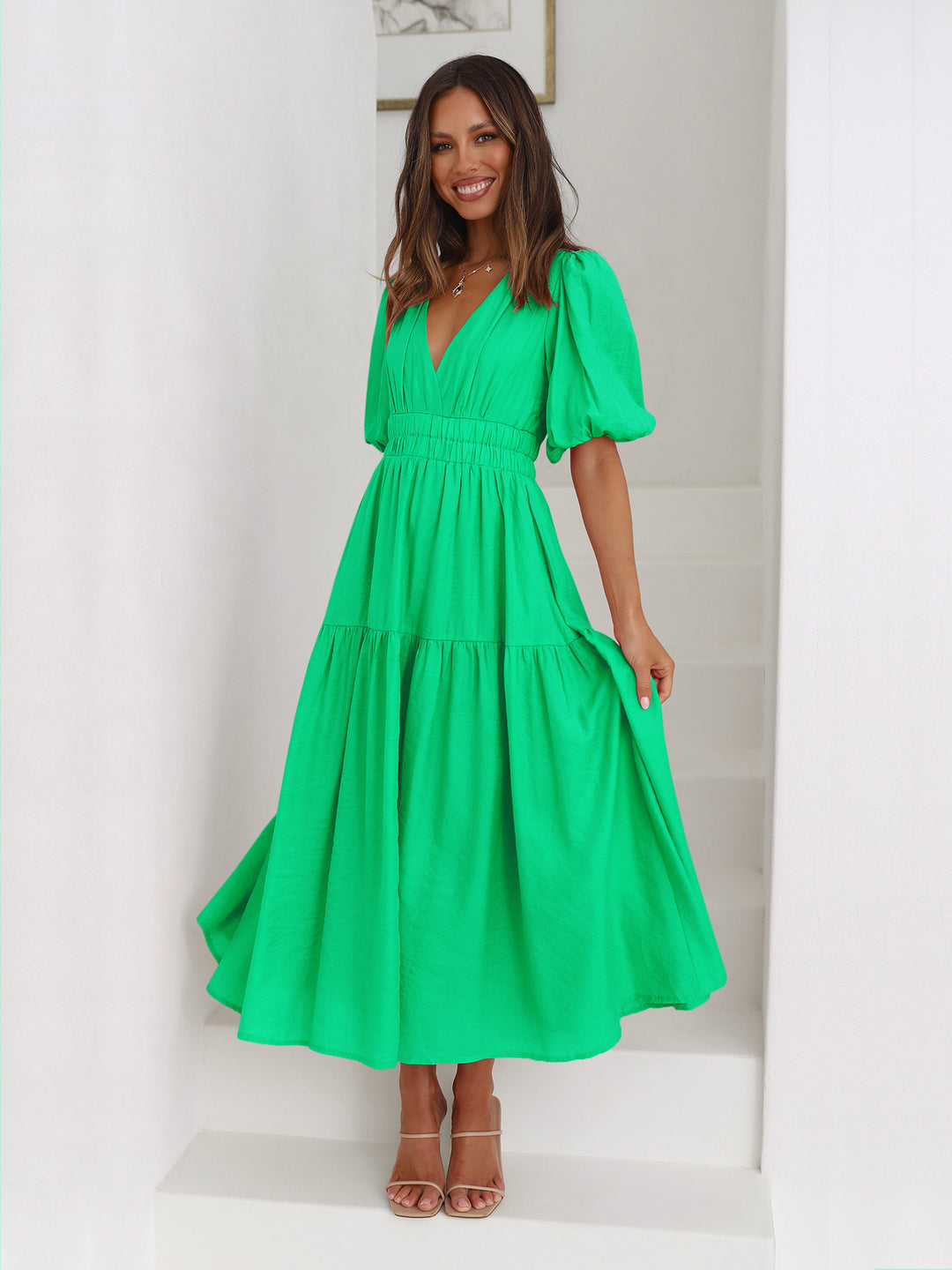 Damen Maxikleid mit tiefem V-Ausschnitt und voluminösen Puffärmeln Drune