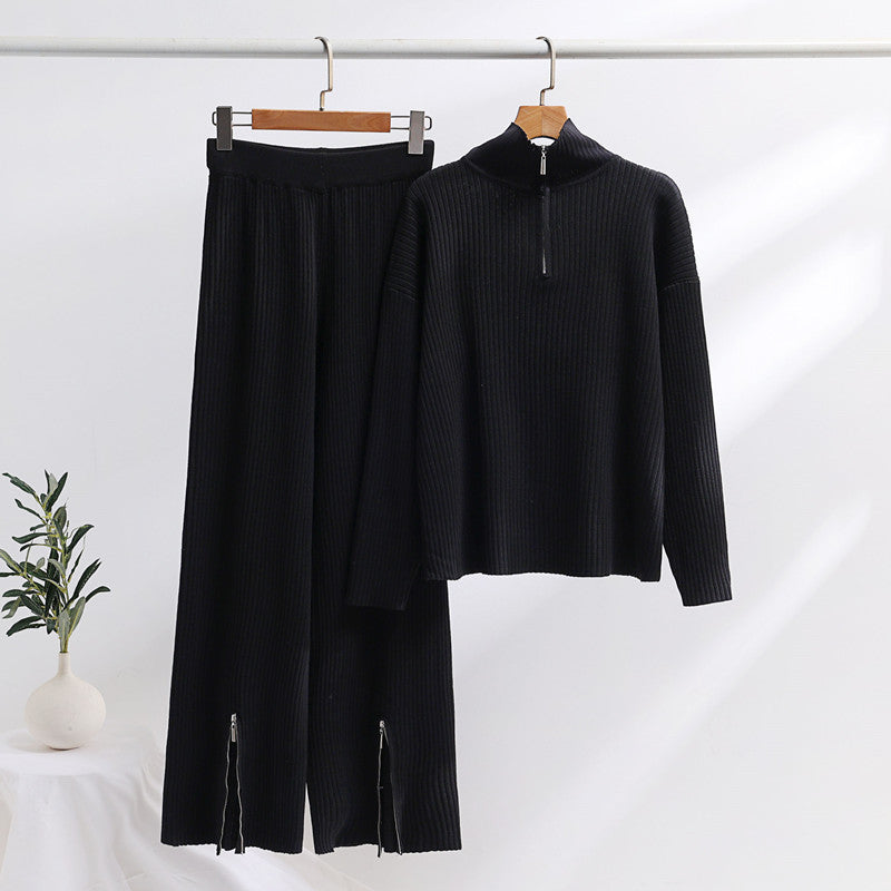 Damen lässiges Strickensemble mit hohem Kragen und seitlichen Schlitzen Drune