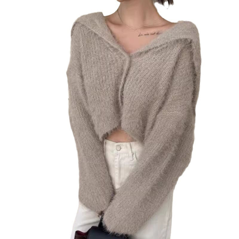 Damen Kurzstrickjacke mit weichem, luftigem Material und Kapuze Drune