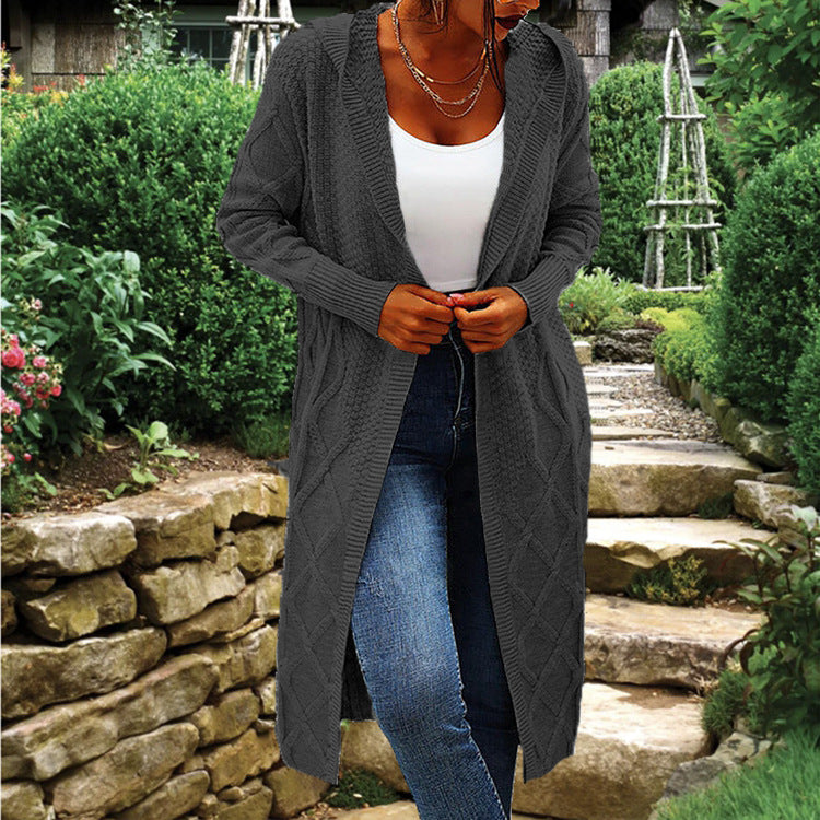 Damen Lange Strickjacke mit elegantem Zopfdesign Drune