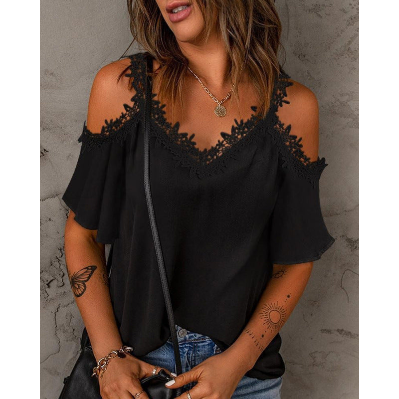 Damen Cold-Shoulder Spitzenbesatz Oberteil Drune