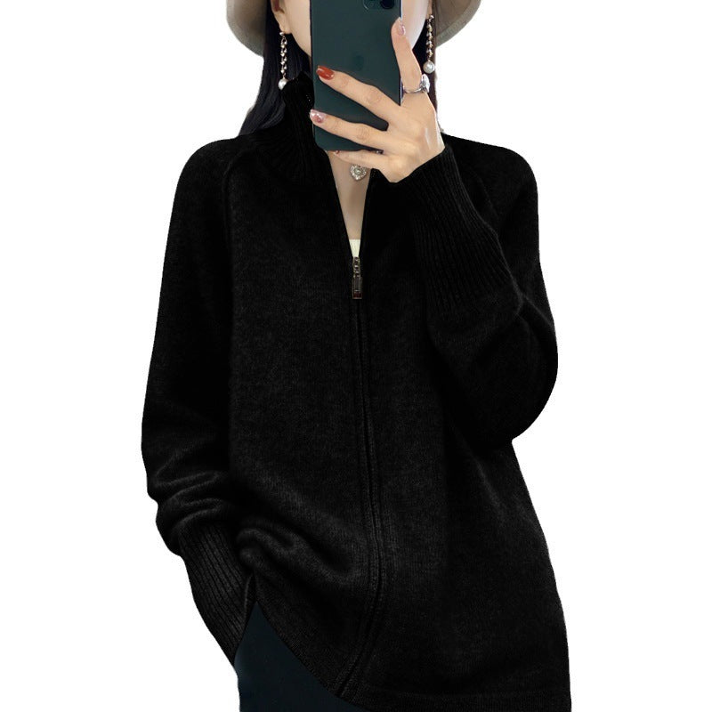 Damen Zip-Cardigan im Kaschmir‑Look mit Stehkragen und gerippten Bündchen Drune