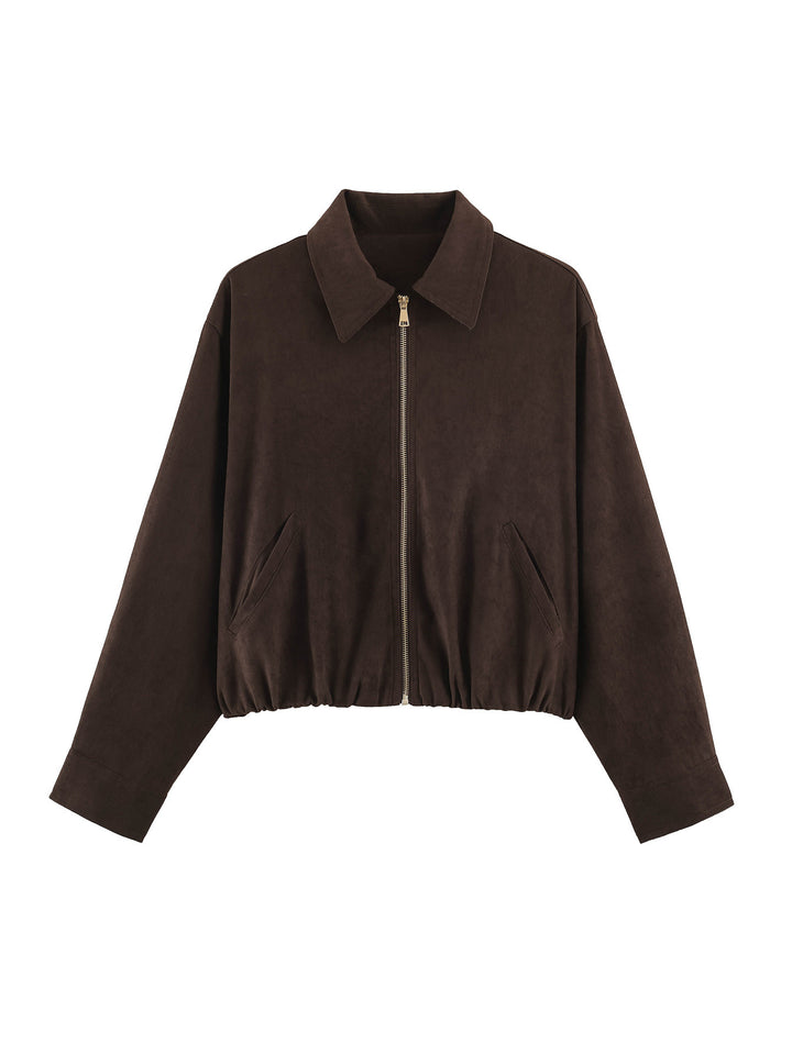 Damen Kurzblouson im Velours‑Look mit spitzem Hemdkragen und Gummizugsaum Drune