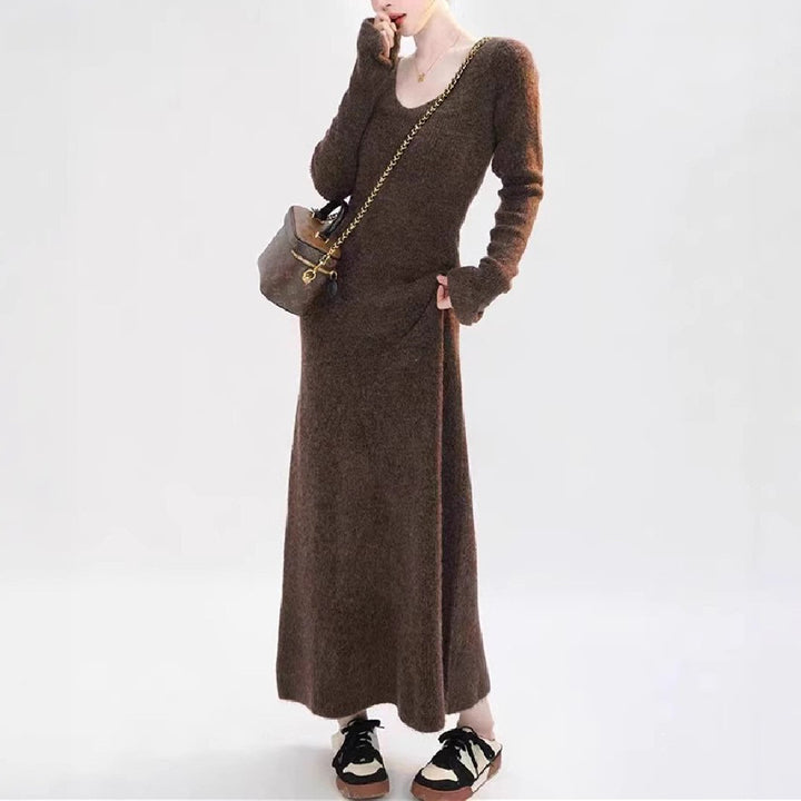 Damen Strickkleid mit V-Ausschnitt und langen Ärmeln Drune