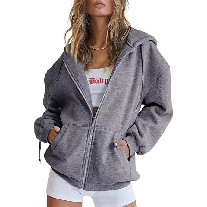 Damen nan oversized Zip-Hoodie mit verlängertem Rückensaum, verdecktem Reißverschluss und Kängurutaschen Drune
